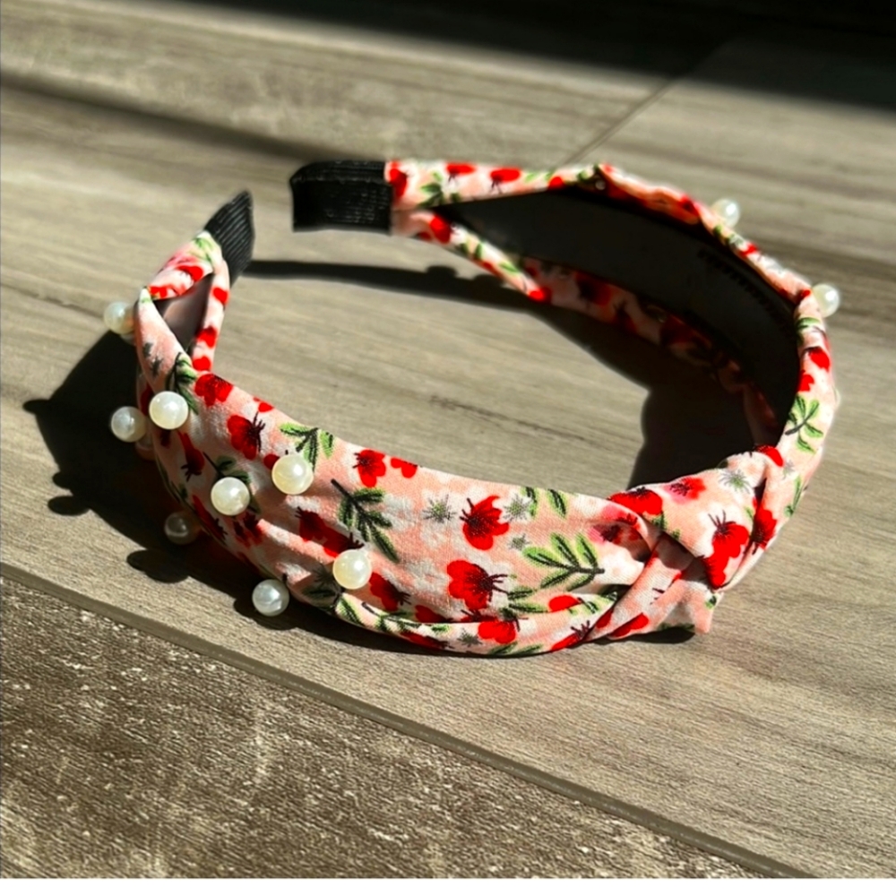 Floral Pearl Embellished Headband - Pink and Red